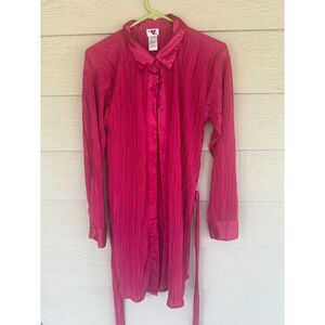 Heart & Heels Plissé Pleated Mini Shirt Dress – Magenta Pink Satin Trim XL